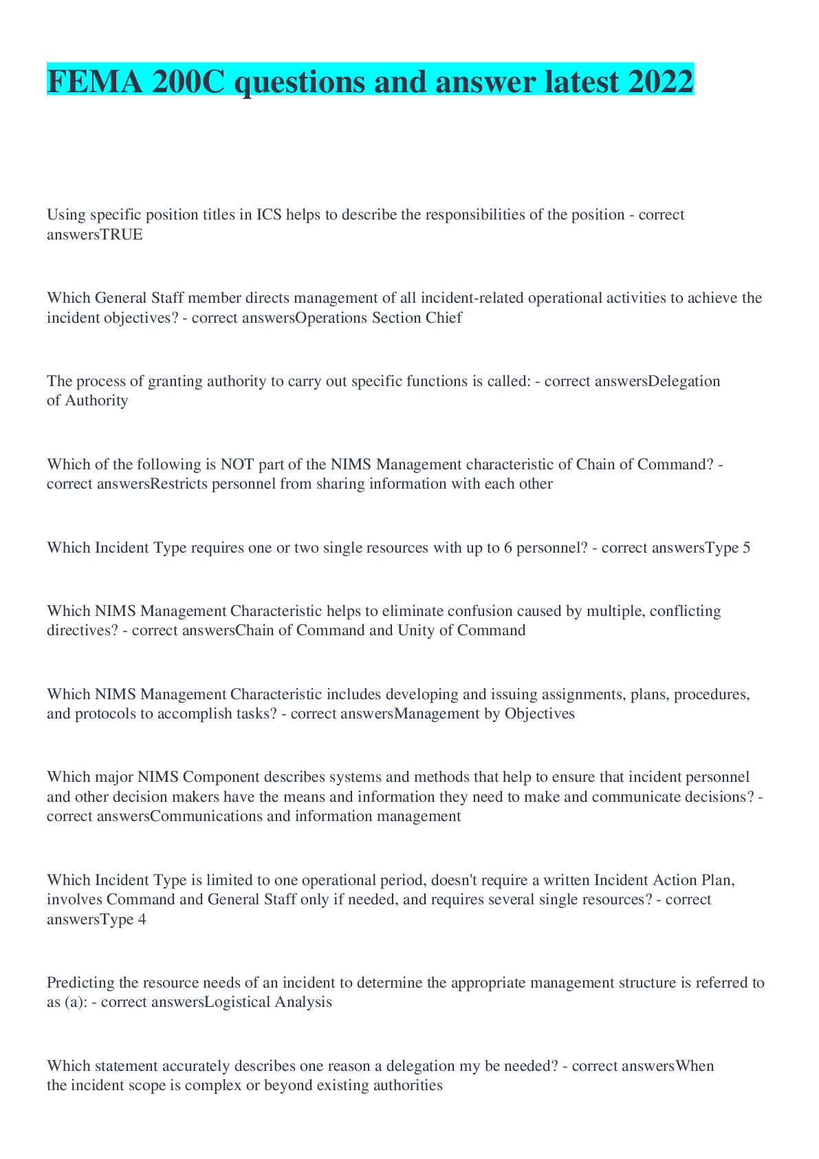 Preview image for FEMA 200C questions and answer latest 2022